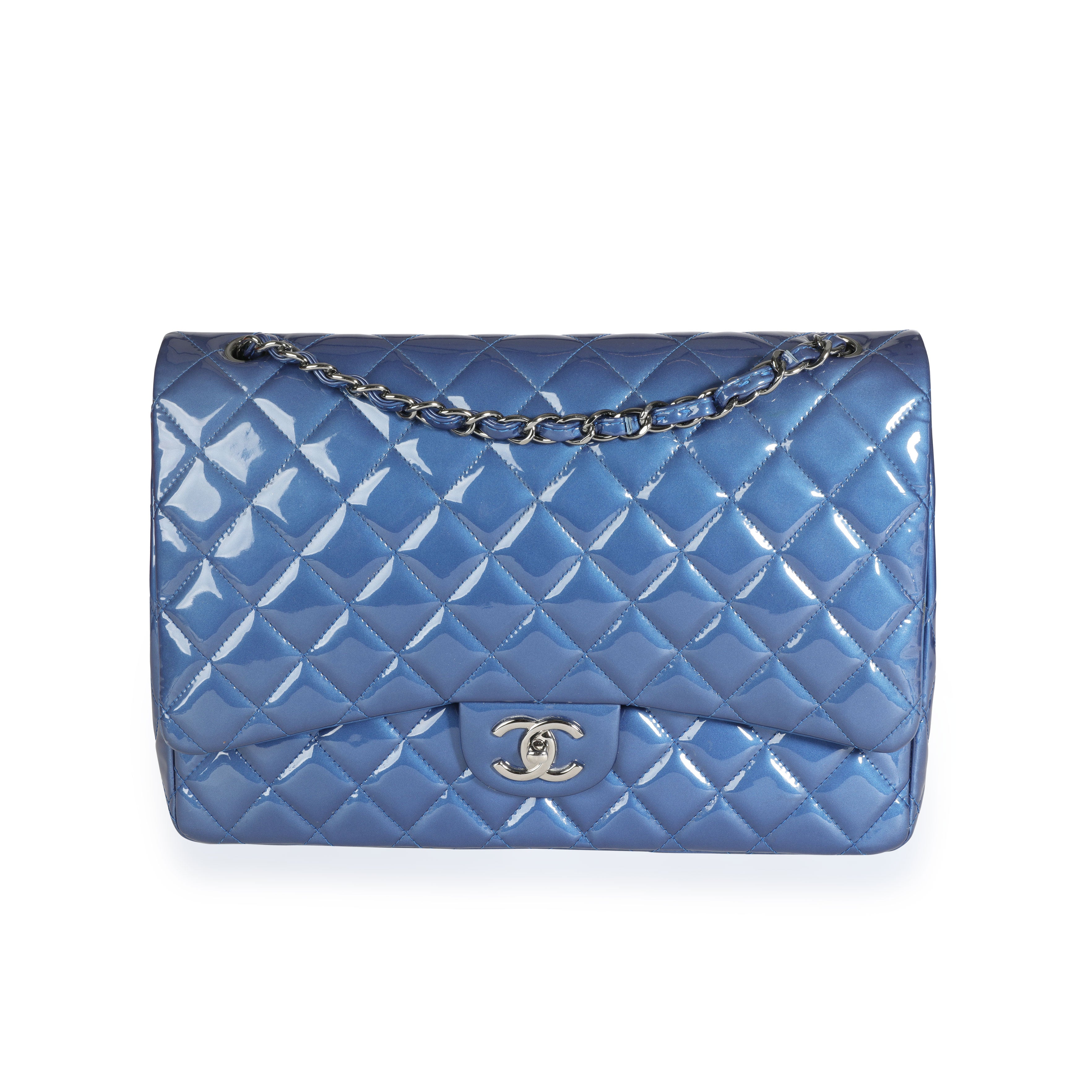 Chanel Blue Patent Leather Quilted Maxi Classic Double Flap Bag by