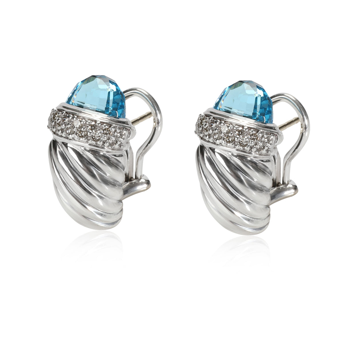 David Yurman Cable Topaz Diamond Earring in Sterling Silver Blue 0.3 CT