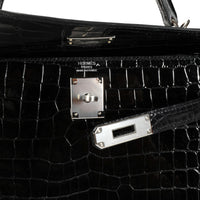 Hermès Black Shiny Porosus Crocodile Sellier Kelly 32 PHW
