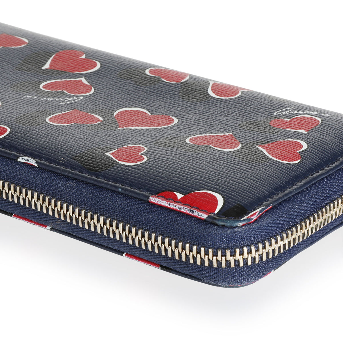 Gucci Blue & Red Hearts Leather Zip-Around Wallet