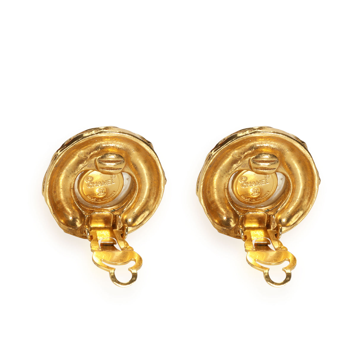 Vintage Chanel Glass Pearl Clip-On Gold-Tone  Earrings