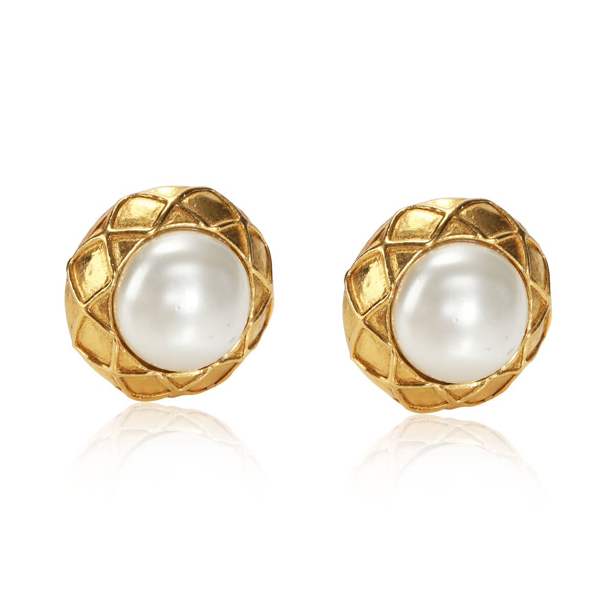 Vintage Chanel Glass Pearl Clip-On Gold-Tone  Earrings