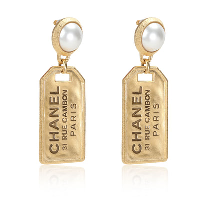 Chanel Tag Drop Earrings with Pearl Tops