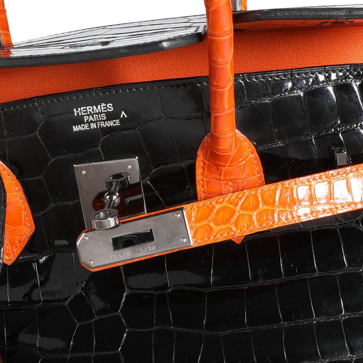 Hermès Limited Edition Black & Orange Shiny Porosus Crocodile Birkin 35 PHW, myGemma