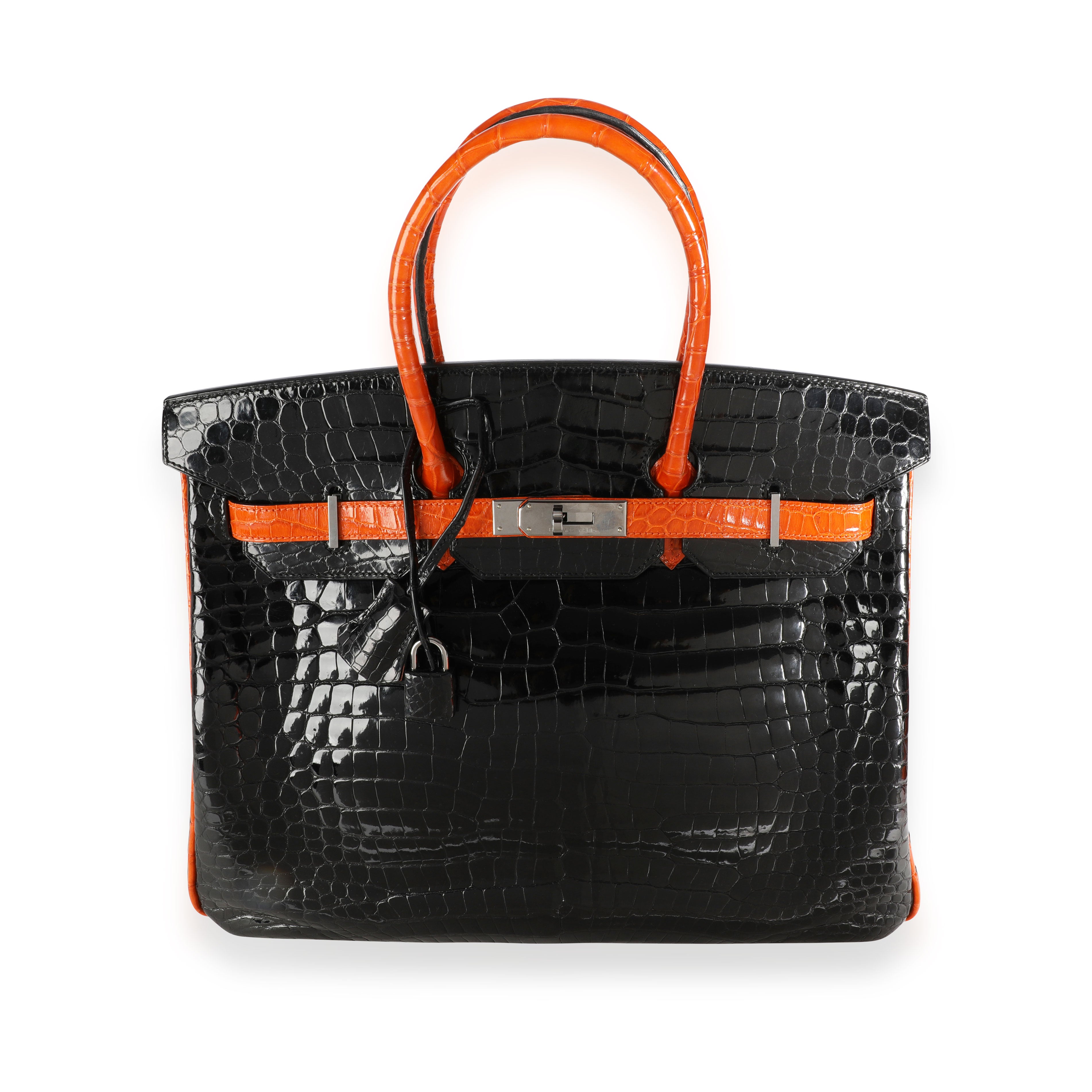 Hermès Limited Edition Black & Orange Shiny Porosus Crocodile Birkin 35 PHW  | myGemma | Item #110762