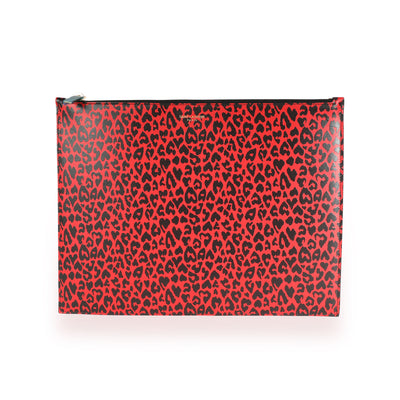 Saint Laurent Red & Black Leopard-Print Leather Large Zip Pouch