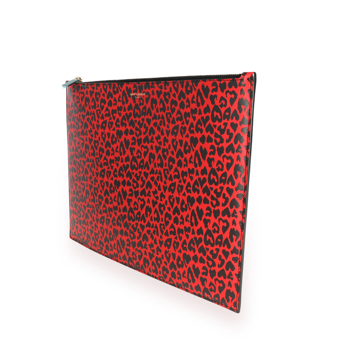 Saint Laurent Red & Black Leopard-Print Leather Large Zip Pouch
