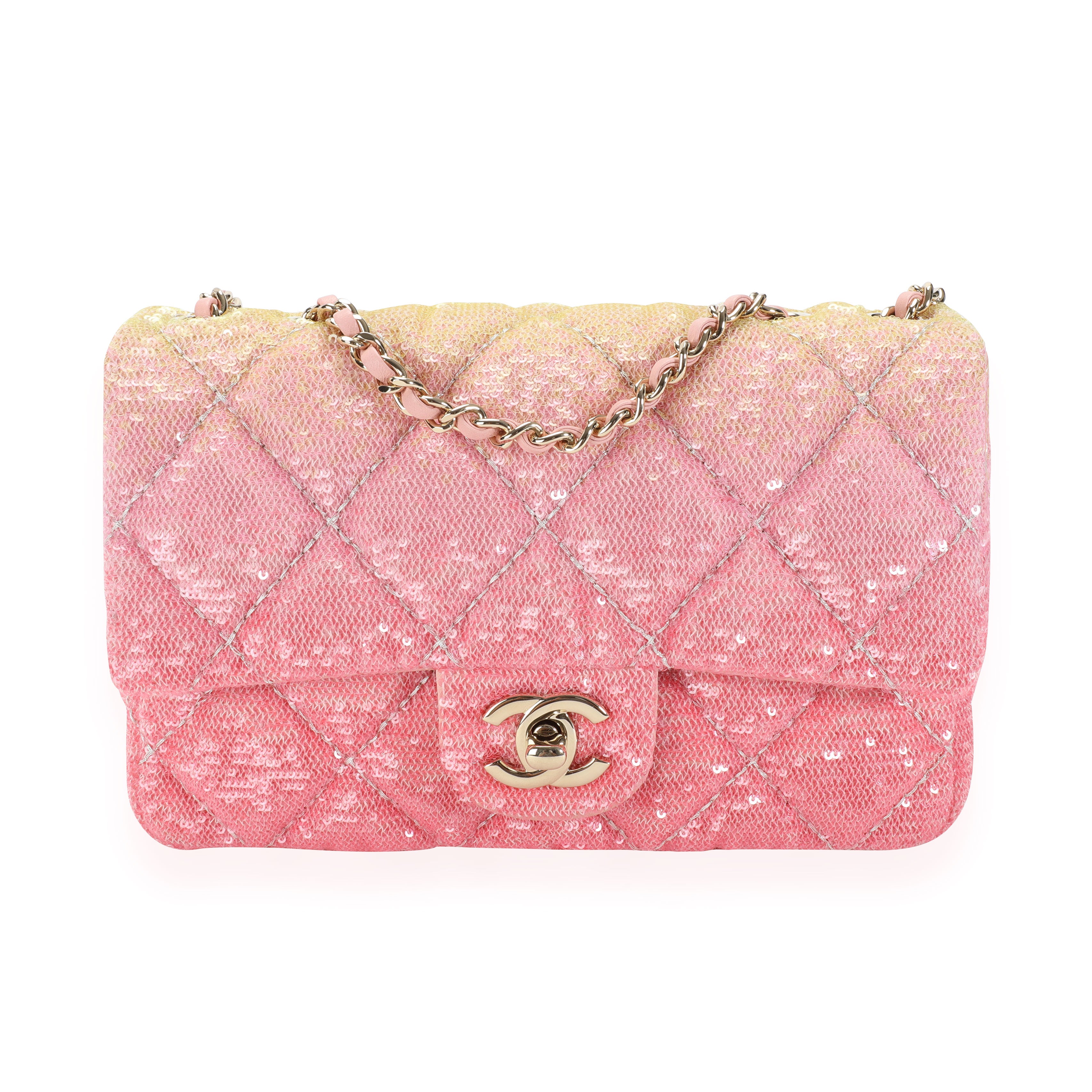 Chanel Mini Flap Bag, sequins, glass pearls & silver-tone metal, gray,  silver & pink - CHANEL