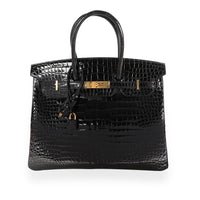 NIB Hermès Black Shiny Porosus Crocodile Birkin 35 GHW