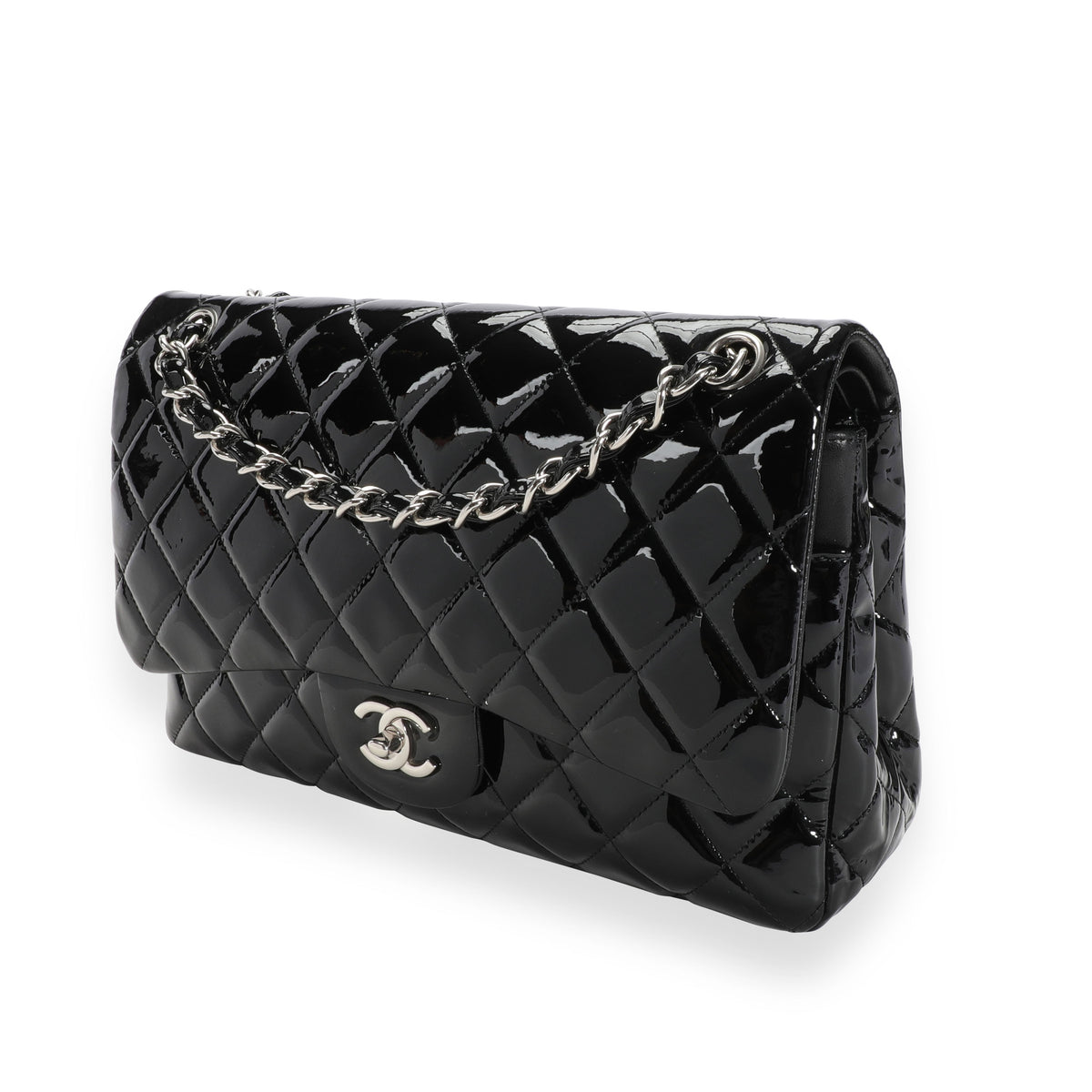 Chanel Black Quilted Patent Leather Jumbo Classic Double Flap Bag