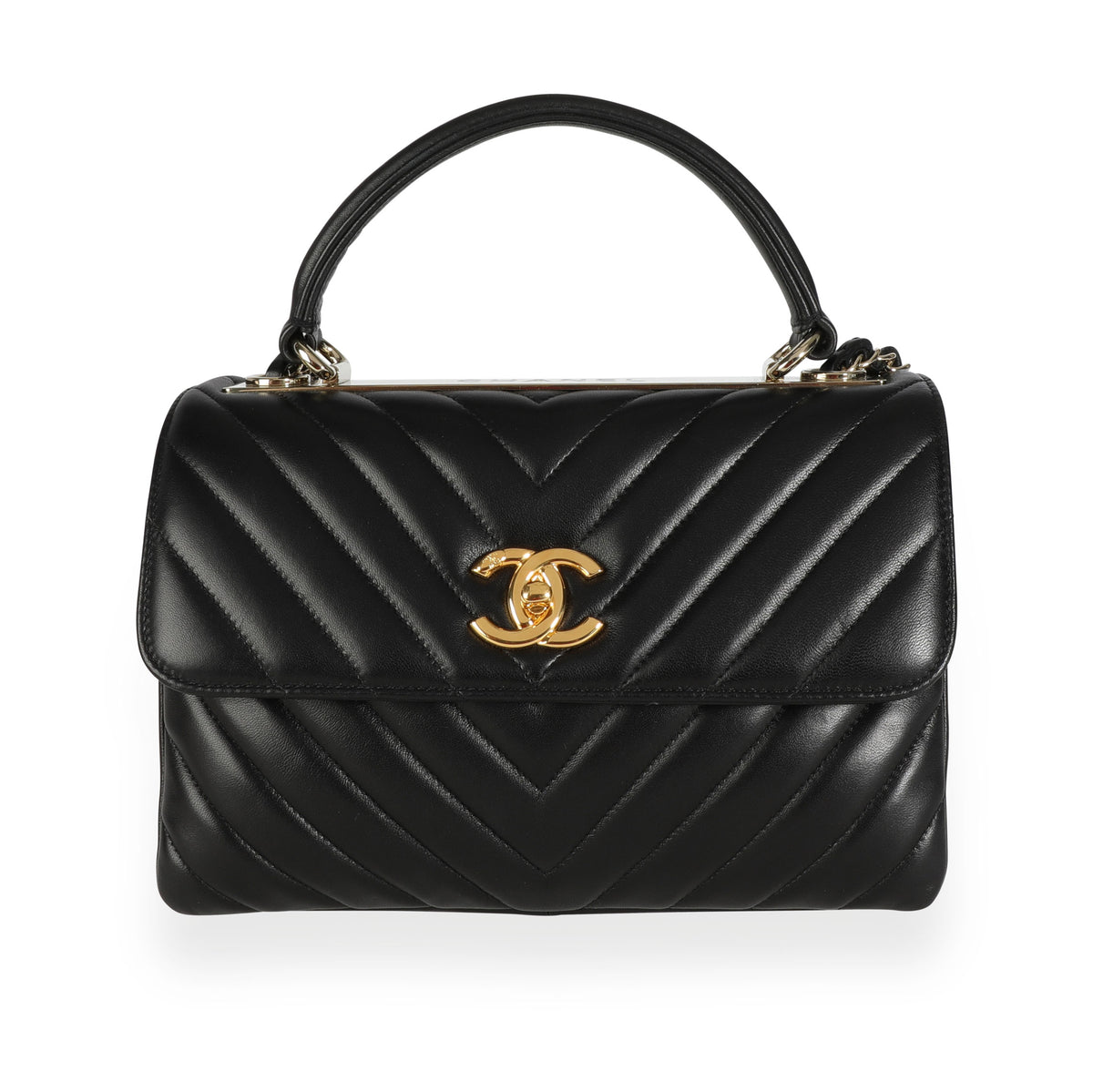 CHANEL Handle Bag Black Leather Quilted Lambskin Chevron Top