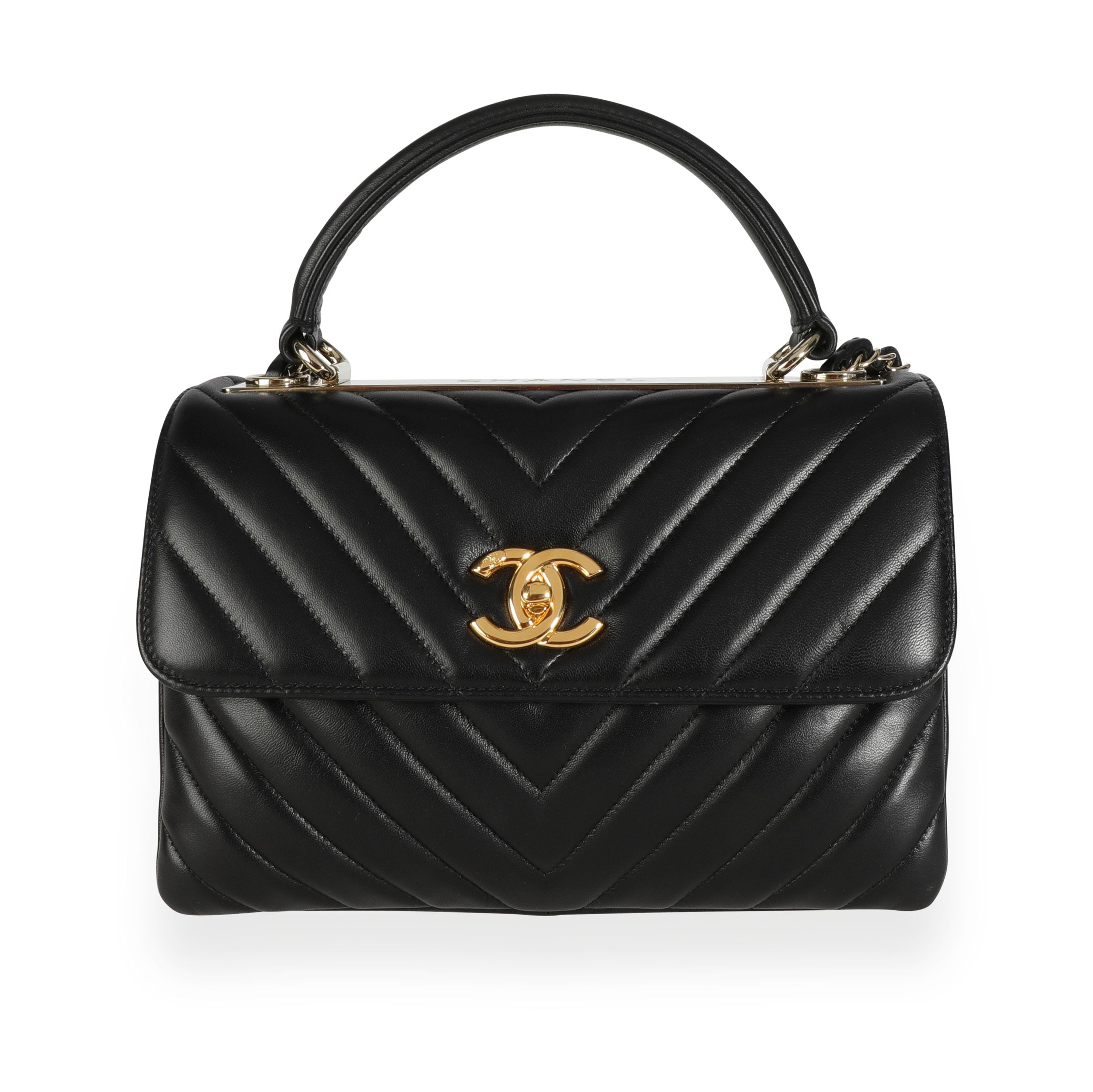 Chanel Black Lambskin Chevron Quilted Trendy CC Top Handle Flap