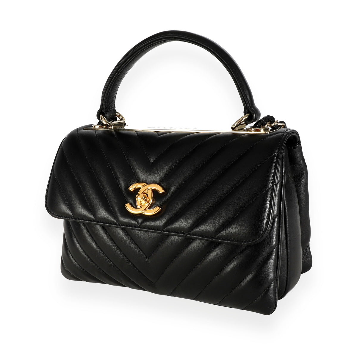 Chanel Black Lambskin Chevron Quilted Trendy CC Top Handle Flap Bag