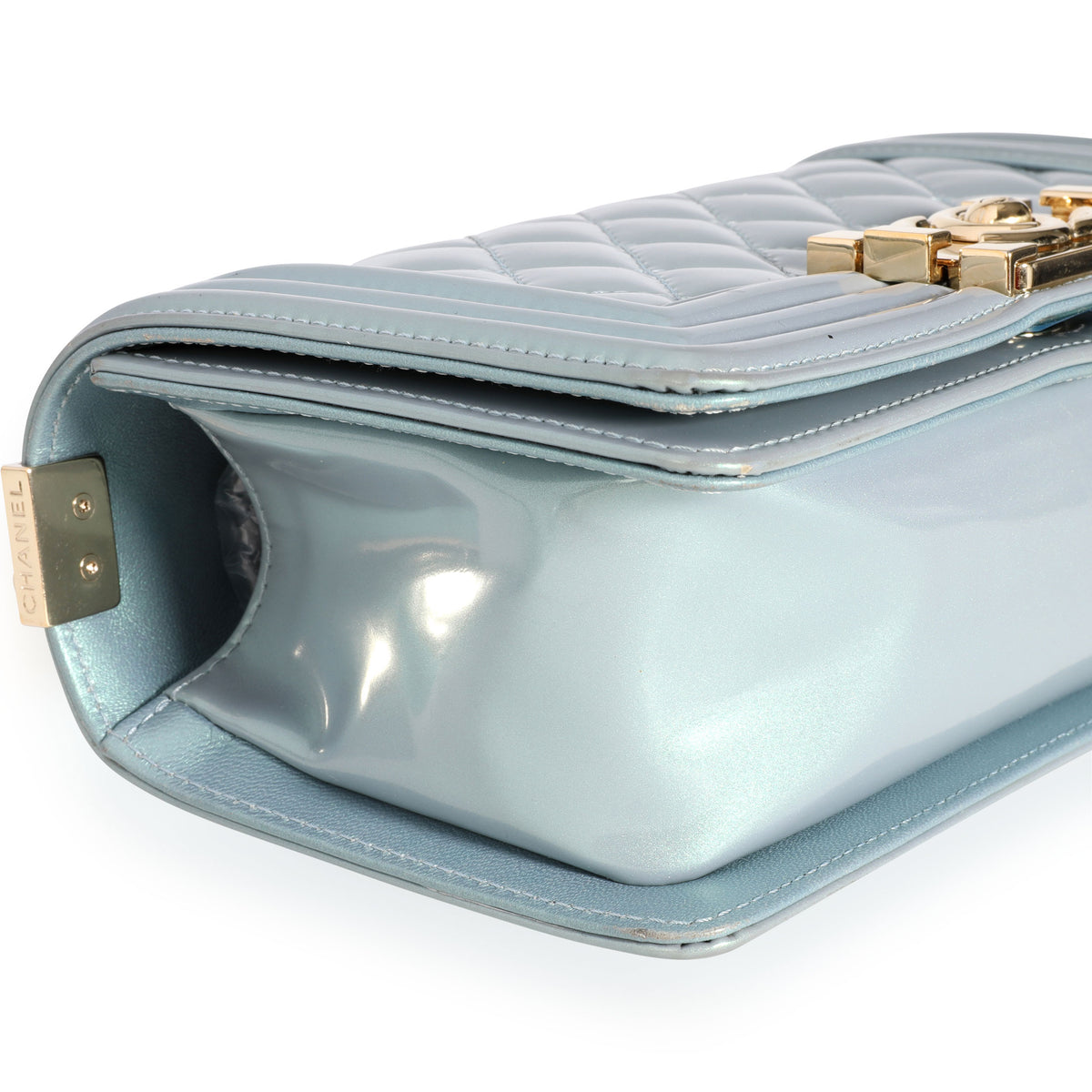 Chanel Iridescent Light Blue Patent Leather Small Boy Bag