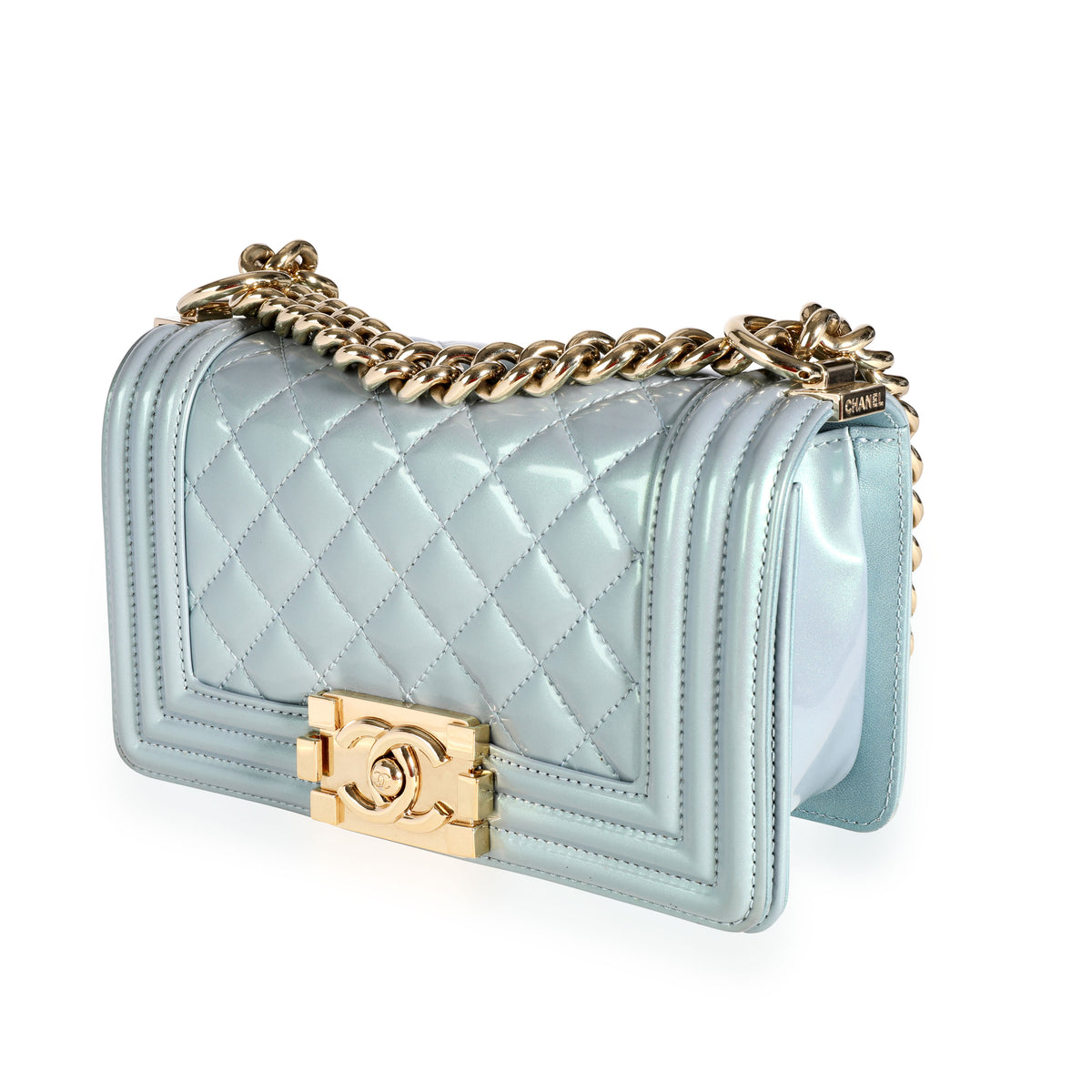 Chanel Iridescent Light Blue Patent Leather Small Boy Bag by WP
