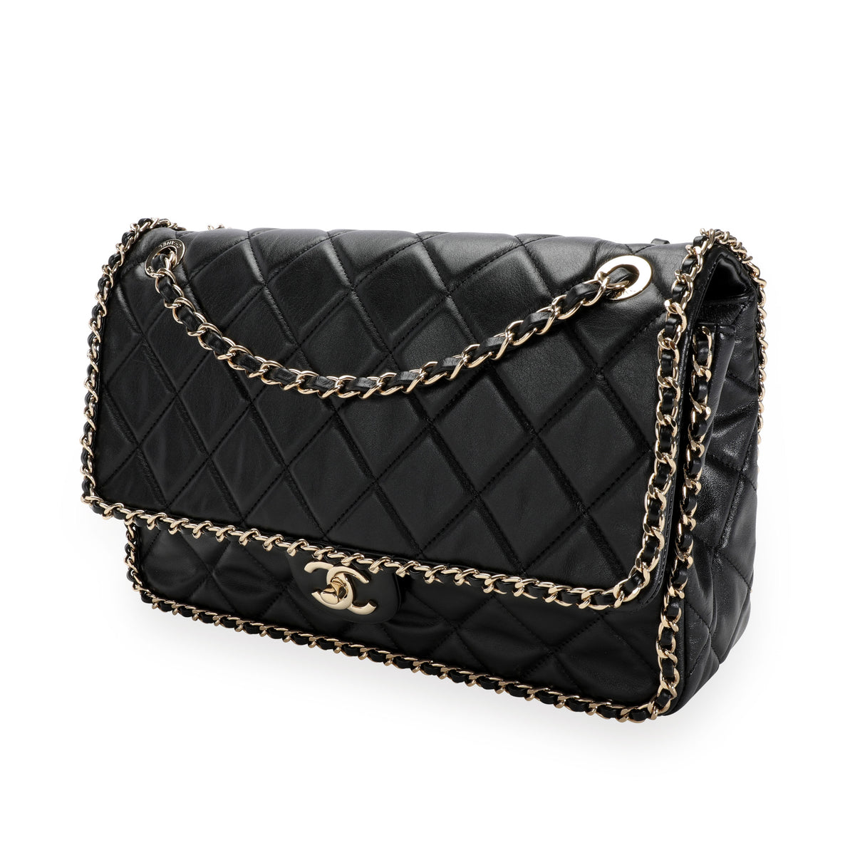 CHANEL Chain Shoulder Bag Clutch Black Quilted Flap Lambskin Purse