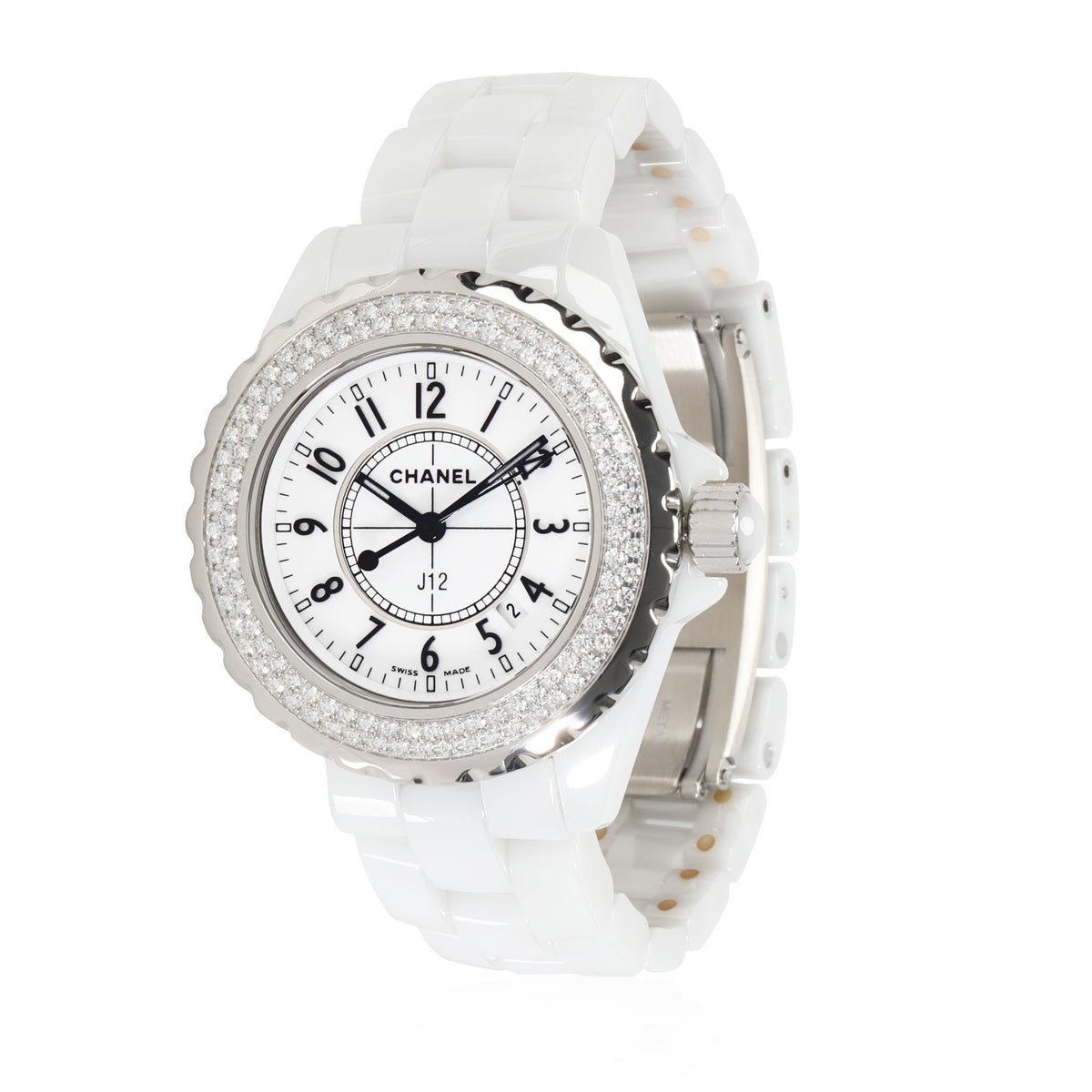 Estate Chanel Stainless Steel and White Ceramic J12 Watch with Diamond   Tenenbaum Jewelers