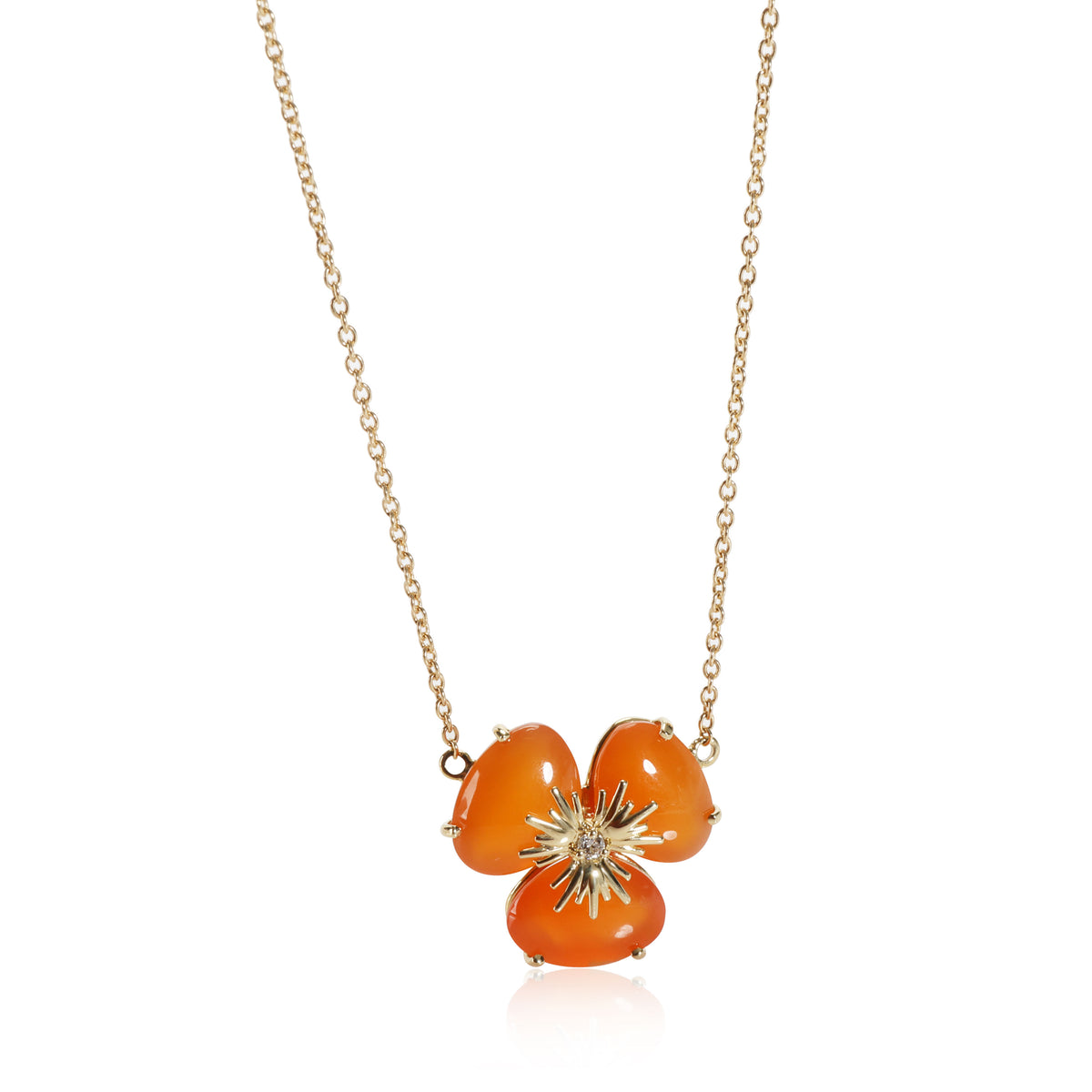 Carnelian Diamond Flower Necklace in 18K Yellow Gold 0.02 CTW