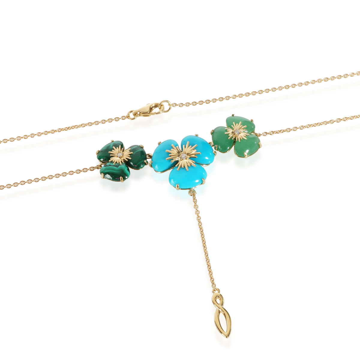 Malachite, Turquoise, Green Quartz Diamond Flower Necklace in 18K Gold 0.05 CTW