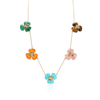 Gemstone Flower Diamond Fashion Necklace in 18K Yellow Gold 0.10 CTW