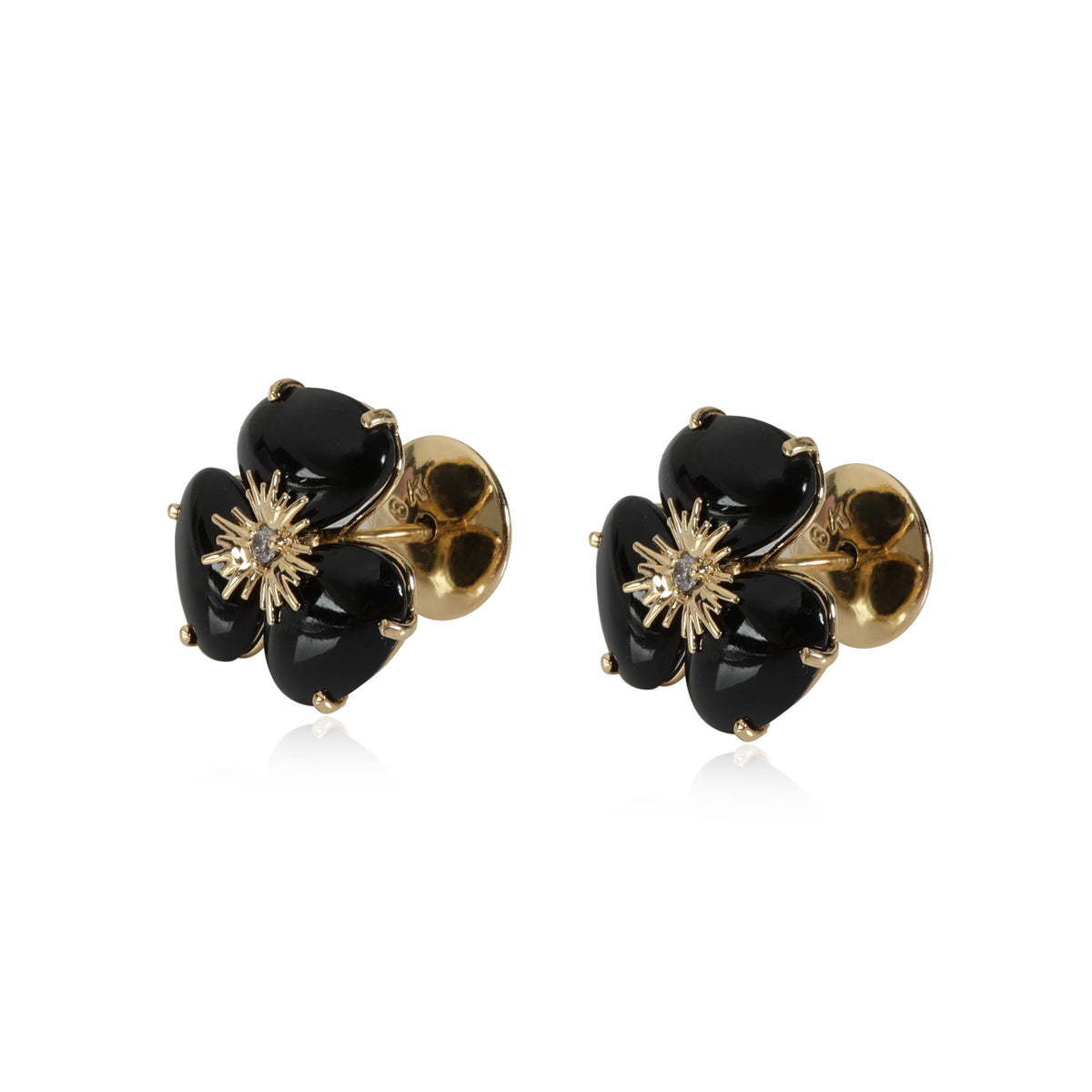 Black Quartz & Diamond Flower Earring in 18K Yellow Gold 0.03 CTW