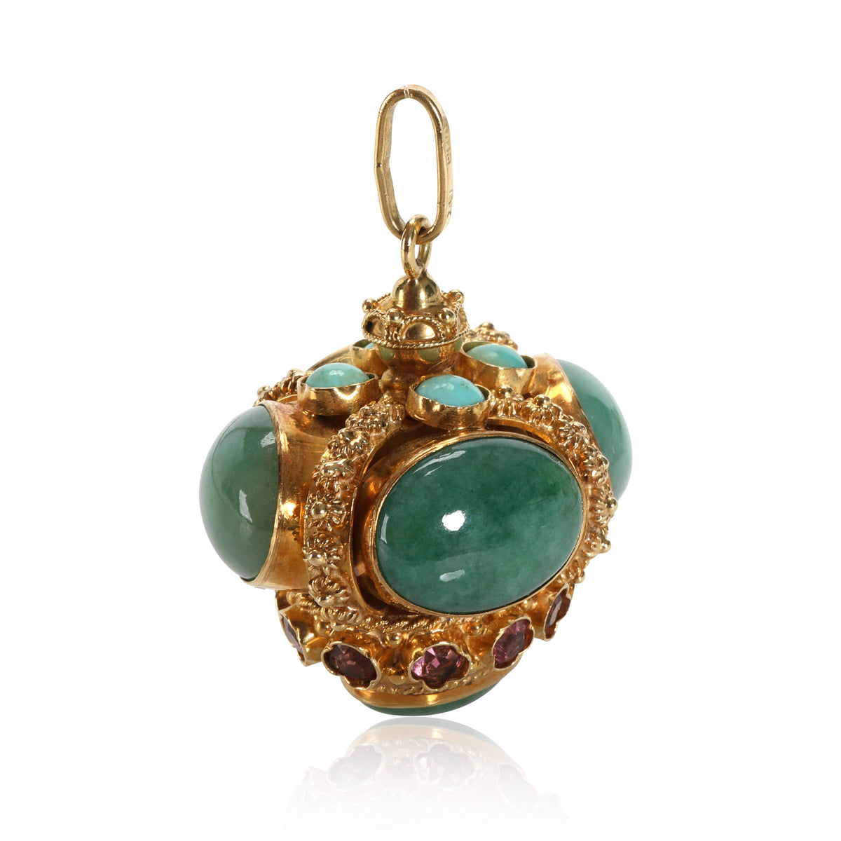 Etruscan Revival Style Charm Pendant, Jade, Turquoise & Pink Sapphires in Gold
