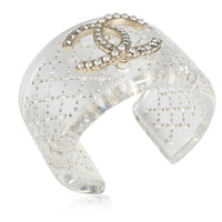 Chanel Clear Resin Strass & Pearl Double C Logo Wide Bangle