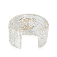 Chanel Clear Resin Strass & Pearl Double C Logo Wide Bangle