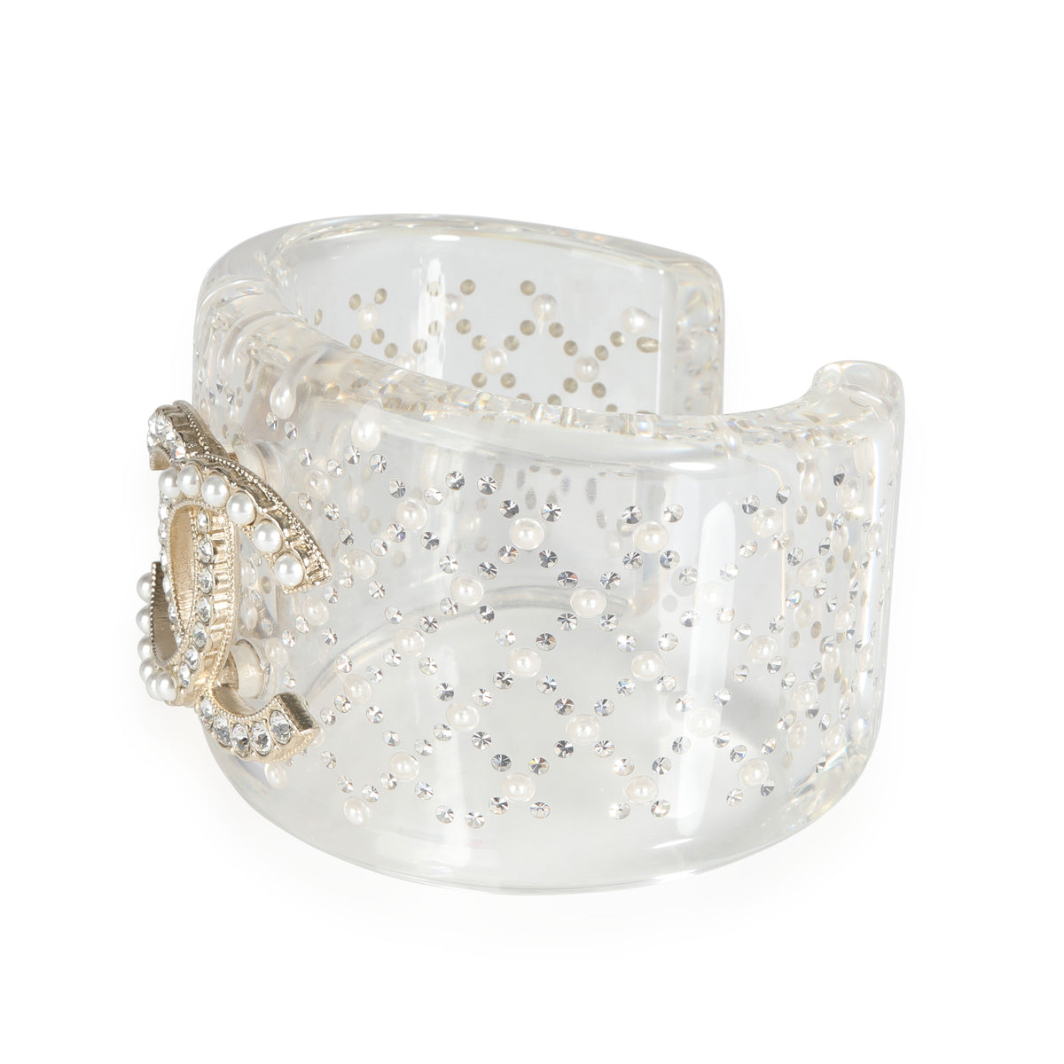 Chanel Clear Resin Strass & Pearl Double C Logo Wide Bangle