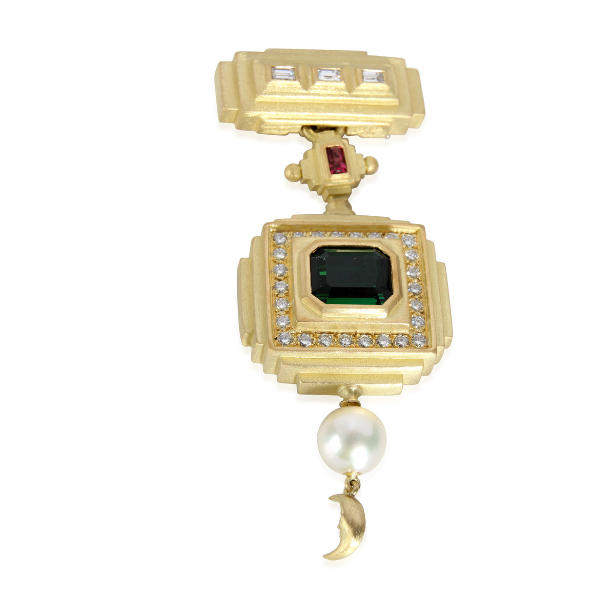 Barry Kieselstein Cord Diamond, Tourmaline & Pearl Lapel Gold Brooch 1.7 CTW