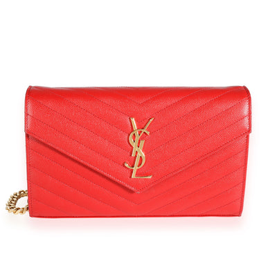 Saint Laurent Red Grain De Poudre Large Monogram Envelope Chain Wallet