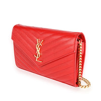 Saint Laurent Red Grain De Poudre Large Monogram Envelope Chain Wallet