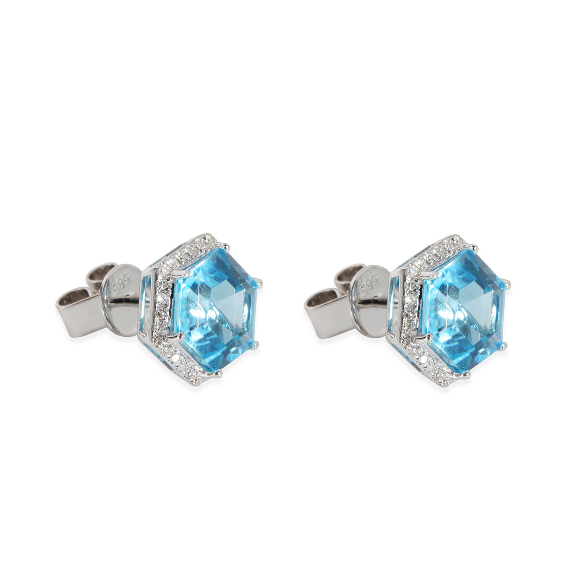 Effy Hexagon Blue Topaz Diamond Earring in 14K White Gold Blue 0.16 CTW