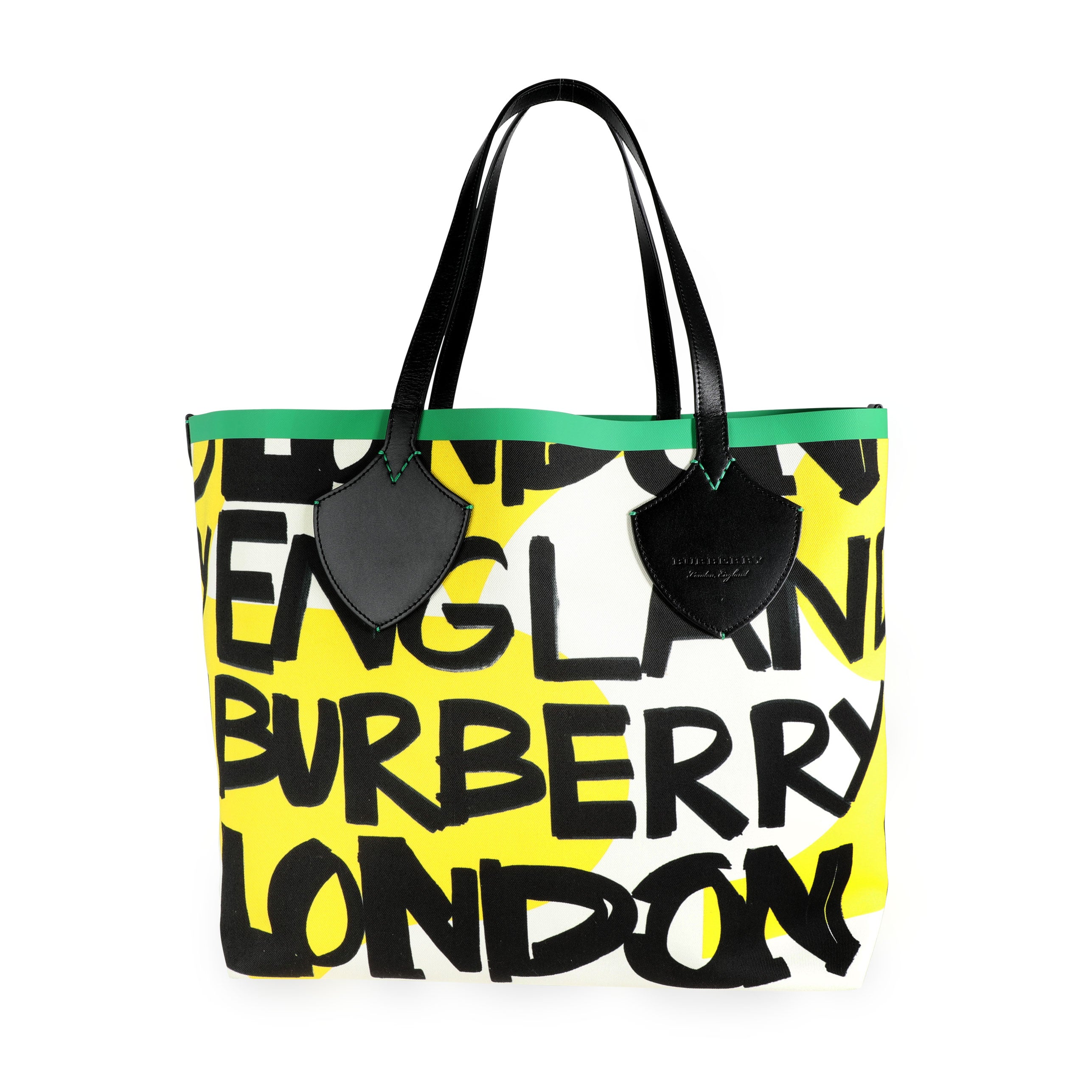 Burberry Black & Green Graffiti Print Canvas Reversible Giant Tote
