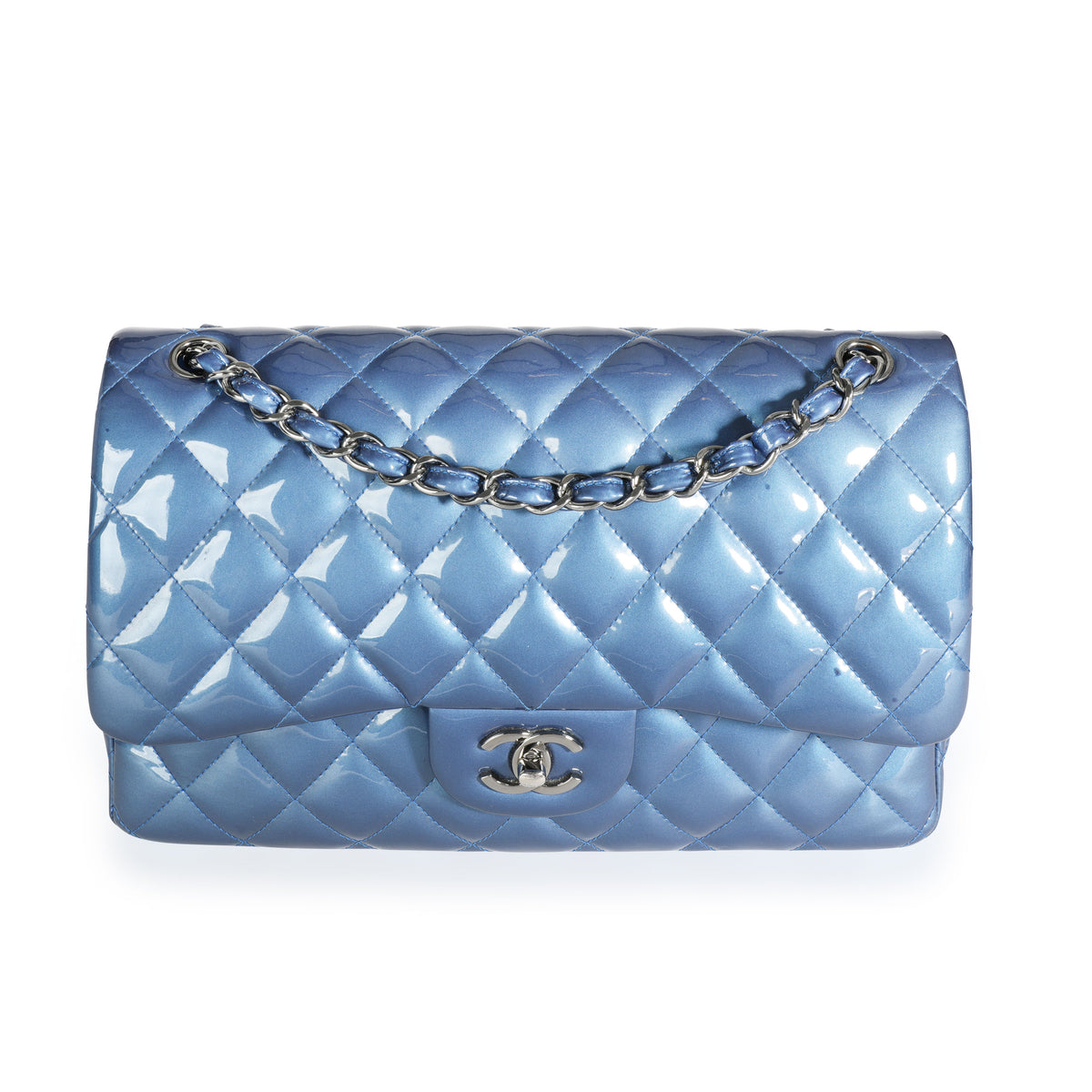 Chanel Blue Patent Leather Quilted Jumbo Classic Double Flap Bag