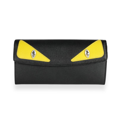 Fendi Black Vitello Elite Calfskin Leather Crystal Eye Monster Simply Continenta