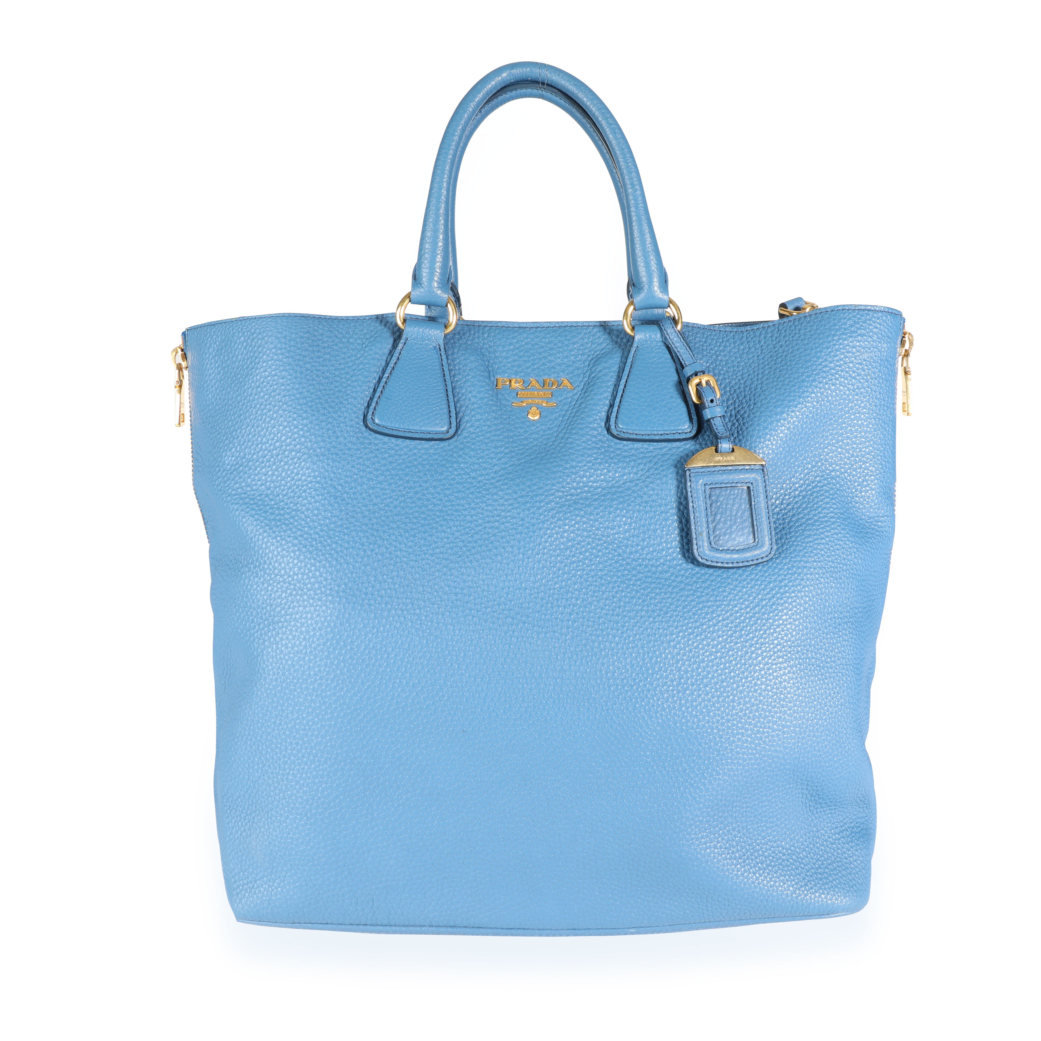 Prada Cobalt Blue Vitello Daino Leather Side Zip Tote Prada