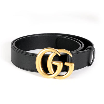 Gucci Black Leather & Brass Double G Belt