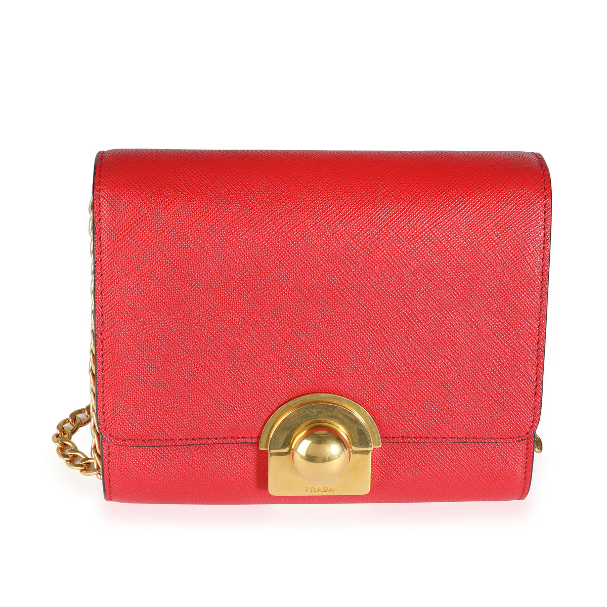 Prada Red Saffiano Leather Small Round Lock Chain Flap Crossbody Bag, myGemma