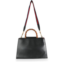 Gucci Black Leather Bamboo Medium Nymphaea Top Handle Bag with Web Strap