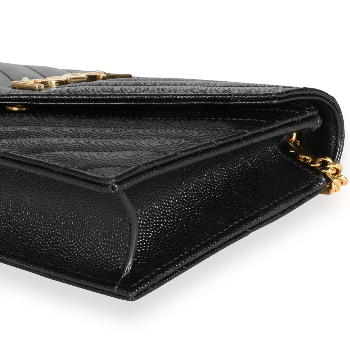 Saint Laurent Black Chevron Quilted Grain De Poudre Envelope Chain Wallet