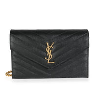 Saint Laurent Black Chevron Quilted Grain De Poudre Envelope Chain Wallet