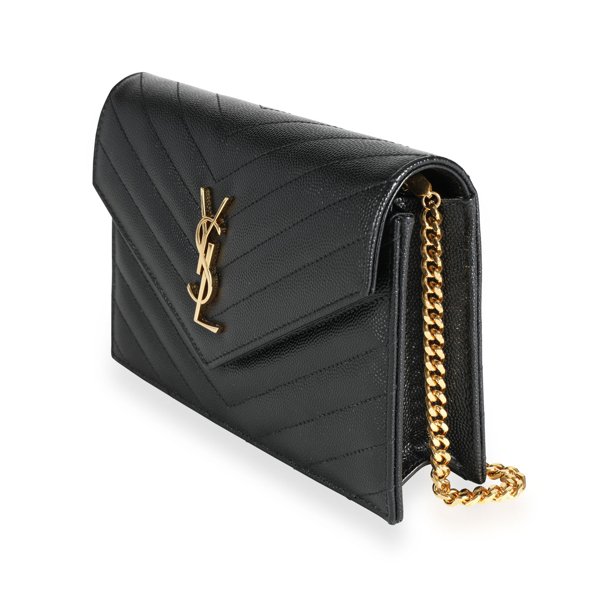 Saint Laurent Black Chevron Quilted Grain De Poudre Envelope Chain Wallet