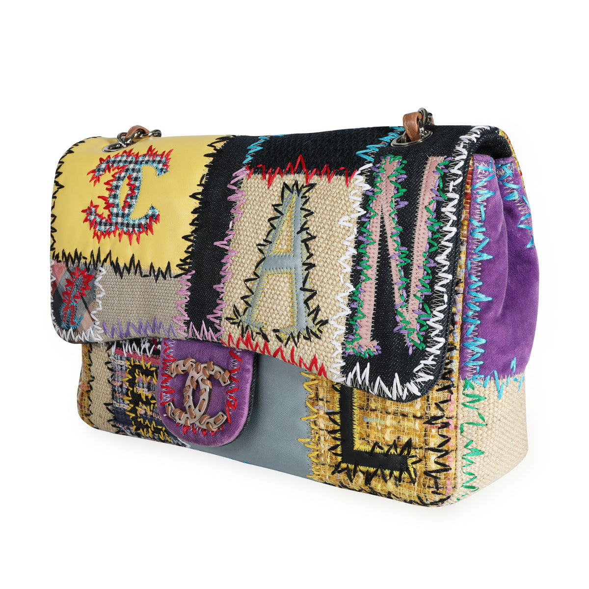 Chanel Multicolor Leather, Denim and Raffia Patchwork Medium Classic Single Flap  Bag Chanel