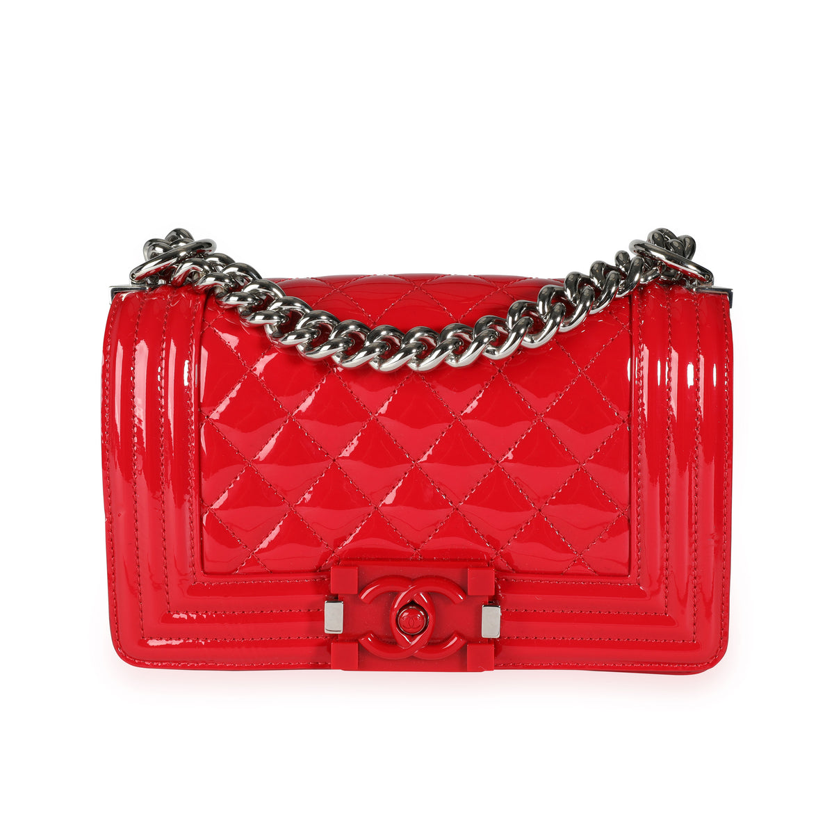 Chanel Red Quilted Patent Leather & Plexiglass Small Boy Bag