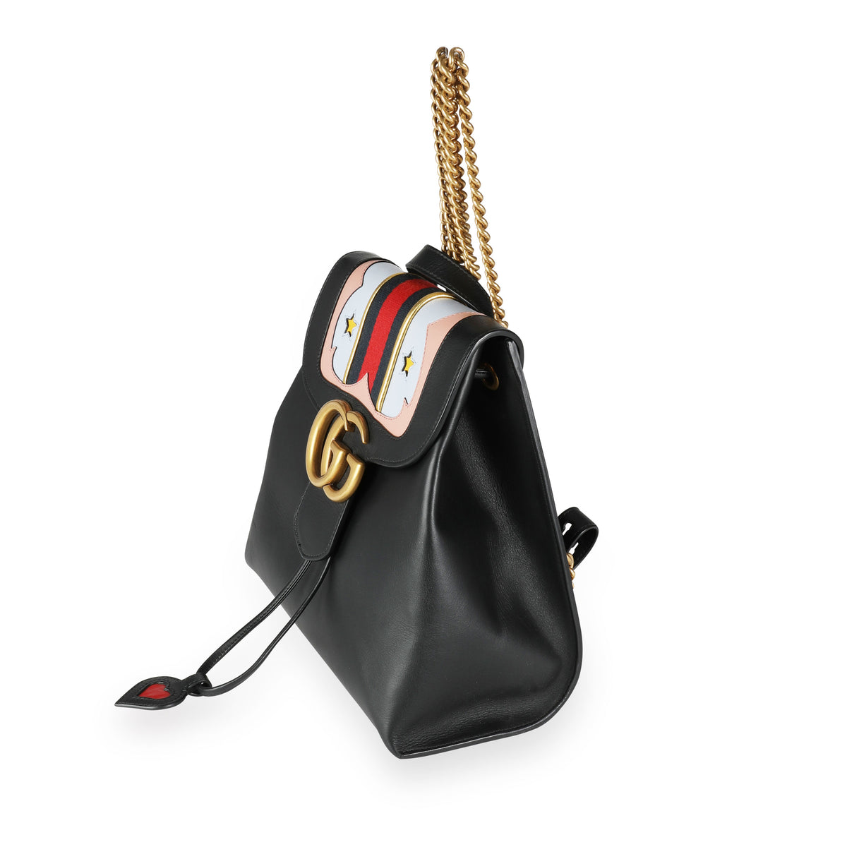 Gucci Black Calfskin Web GG Marmont Flap Chain Backpack