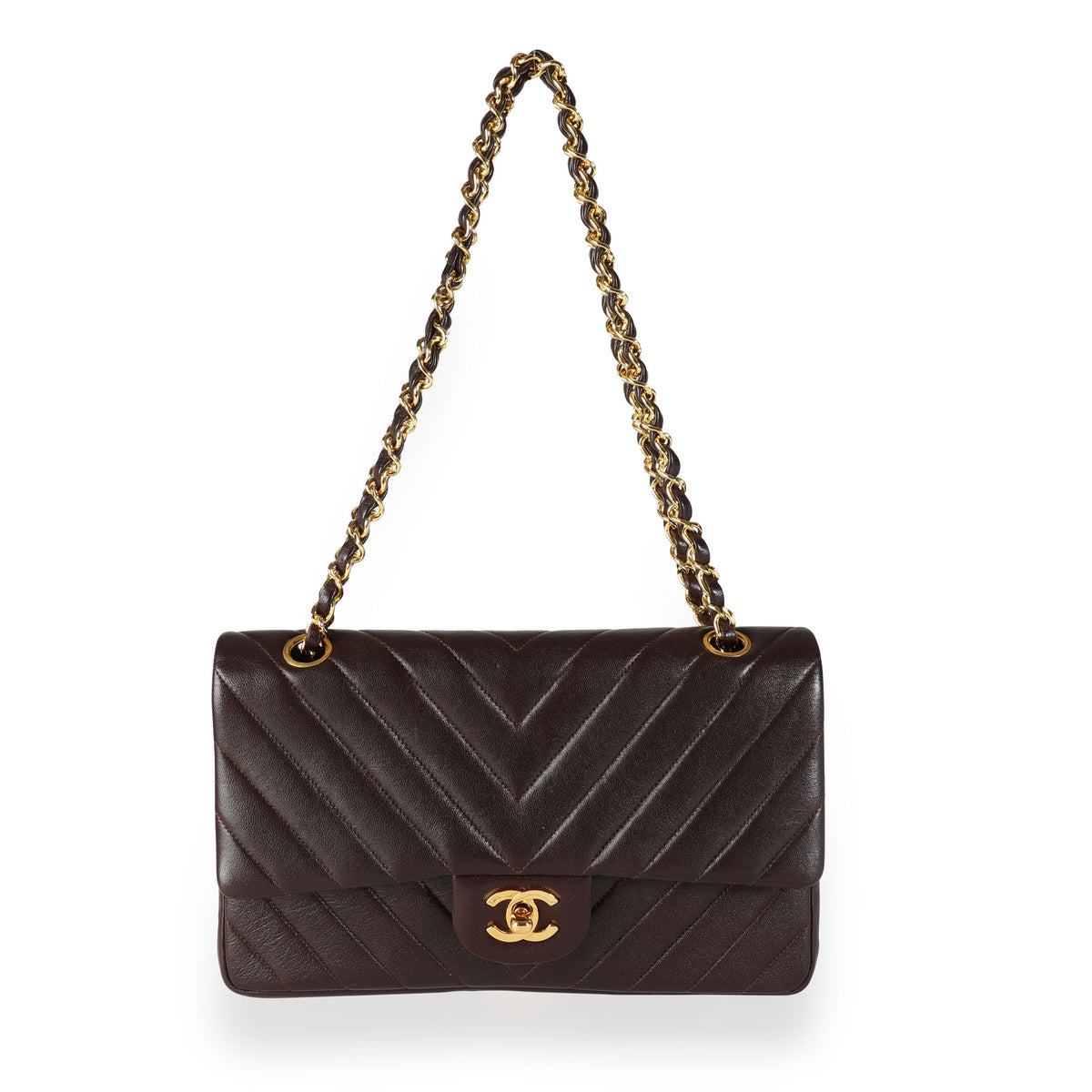 Chanel Brown Lambskin Chevron Quilted Medium Classic Double Flap