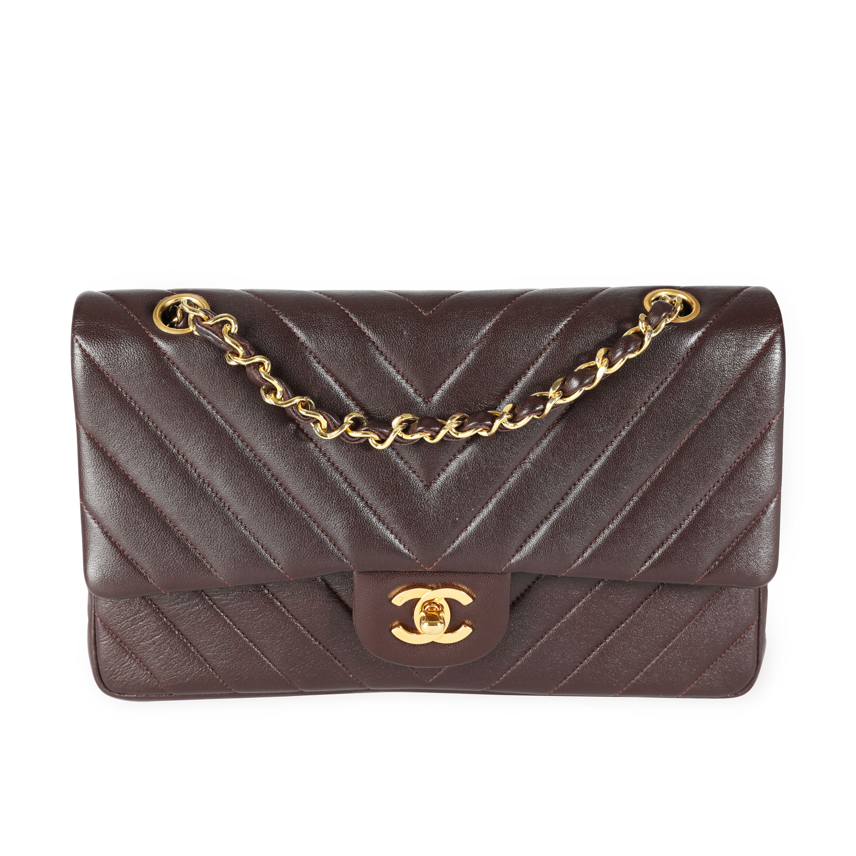 Chanel Brown Lambskin Chevron Quilted Medium Classic Double