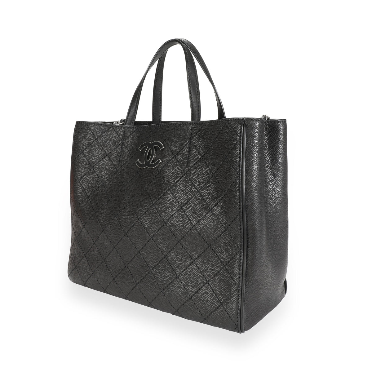 Chanel Black Stitched Grained Calfskin Hamptons Tote