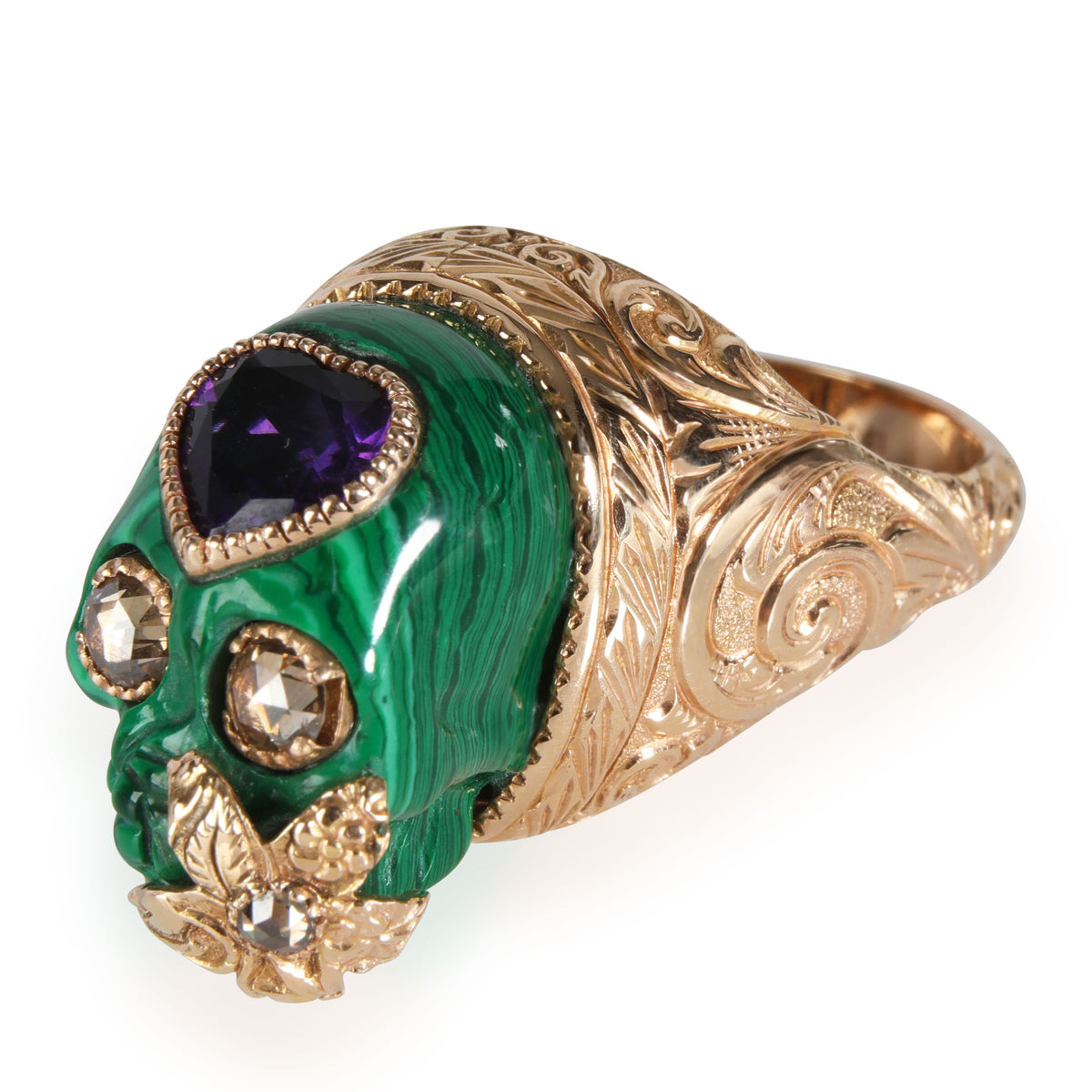 Gucci Malachite Amethyst Skull Ring  With Rose Cut Diamond Eye in 18K Gold